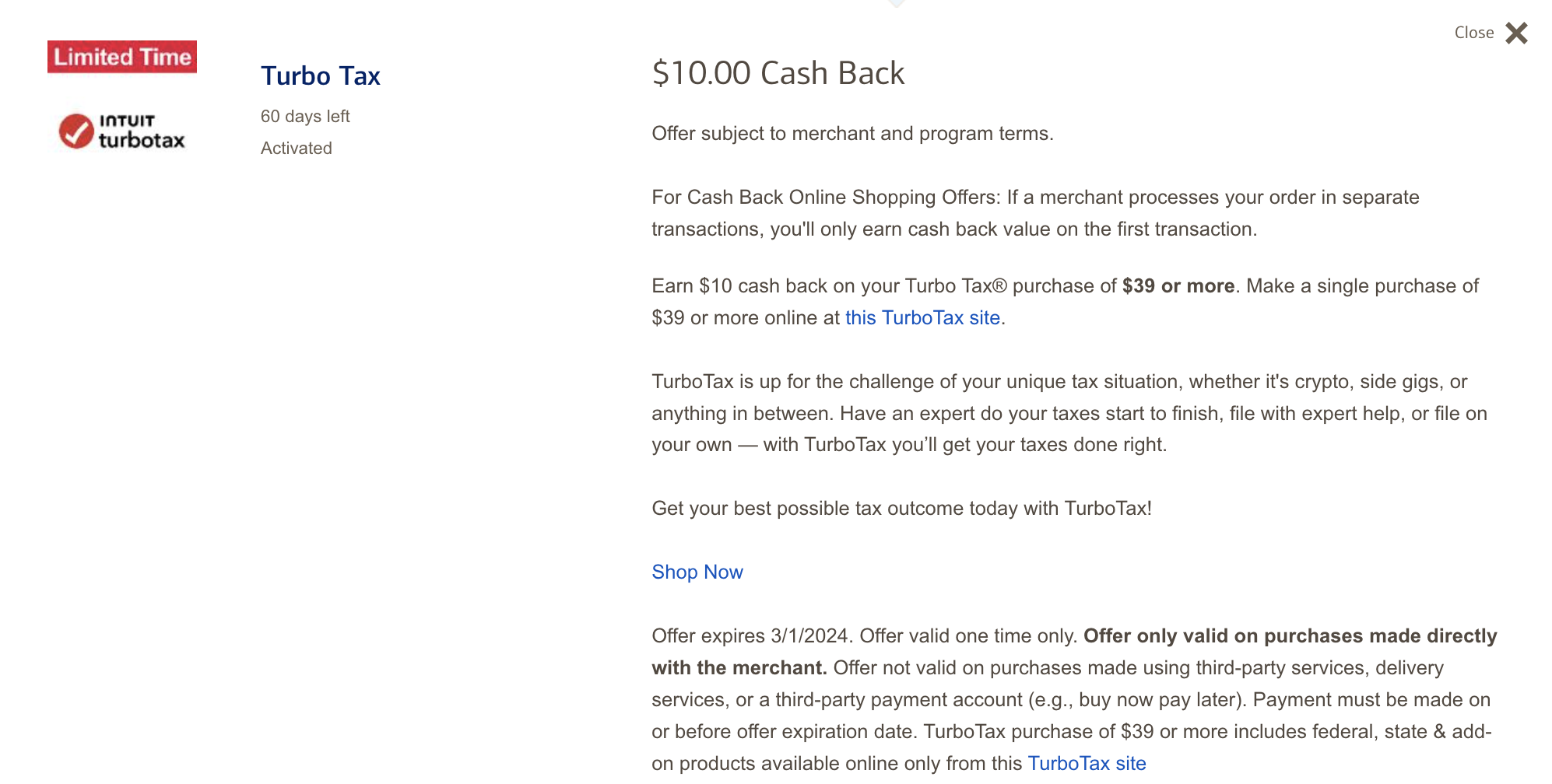 Chase Offers/BofA TurboTax, Get 10 Cashback With 39 Purchase
